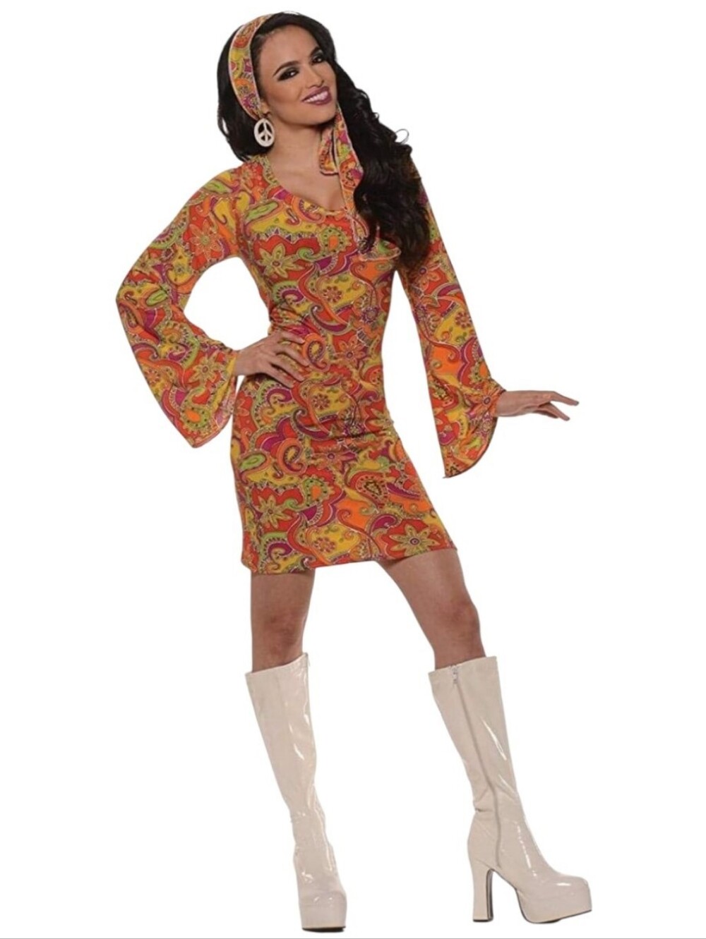 NWT UNDERWRAPS Go-Go Dress Costume Orange Multi Paisley + Daisy Glasses!! M